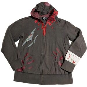 ThinkGeek Graphic Full Zip Hoodie Gray Red Zombie Brain Horror Unisex Small